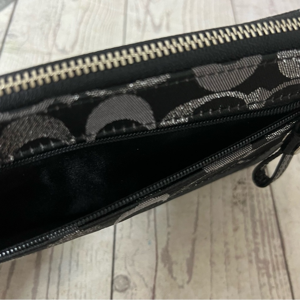 Coach Black Silver Signature Monogram Canvas Stripe Wristlet Wallet Metallic - Picture 12 of 15